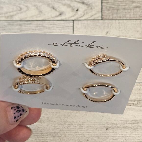 Ettika 18K Gold Plated Crystal Embellished Ring Set of Four Glam Stack Size 8 - Picture 3 of 9
